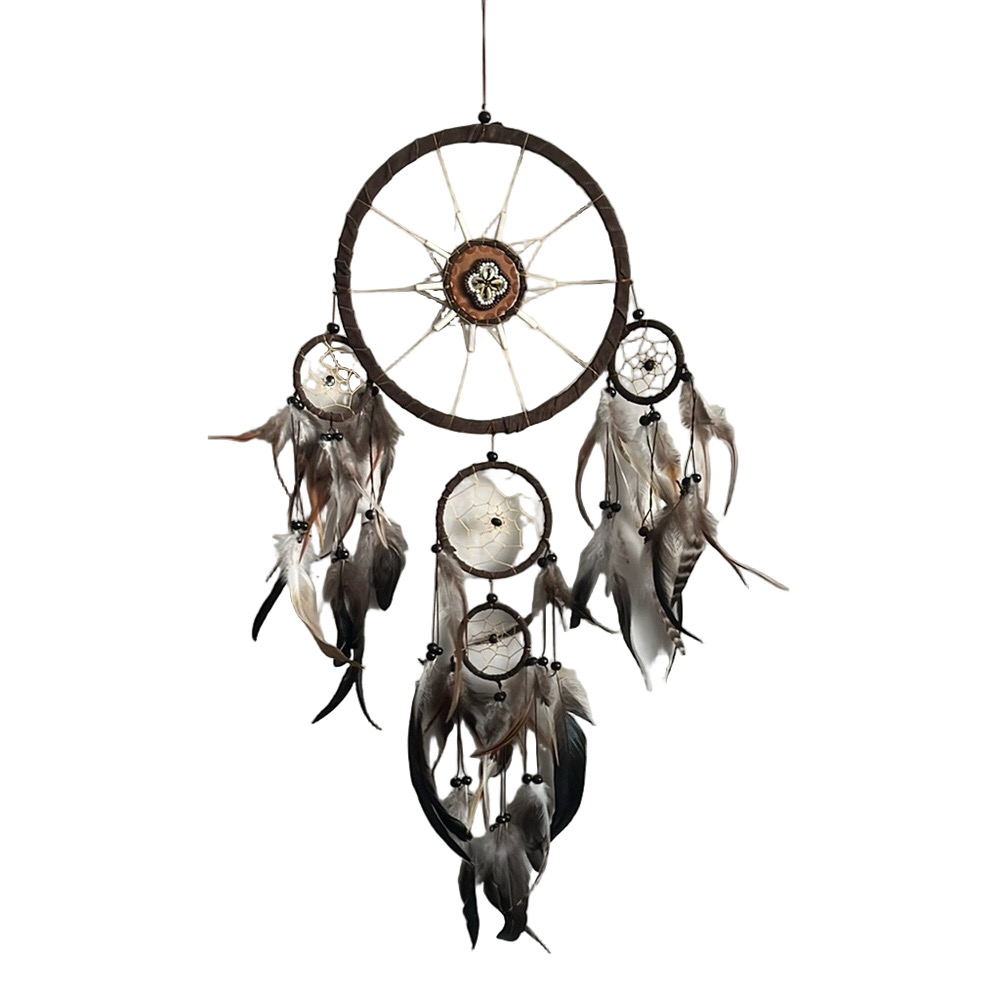 Brown and Black Dreamcatcher Art with Feathers and Beads